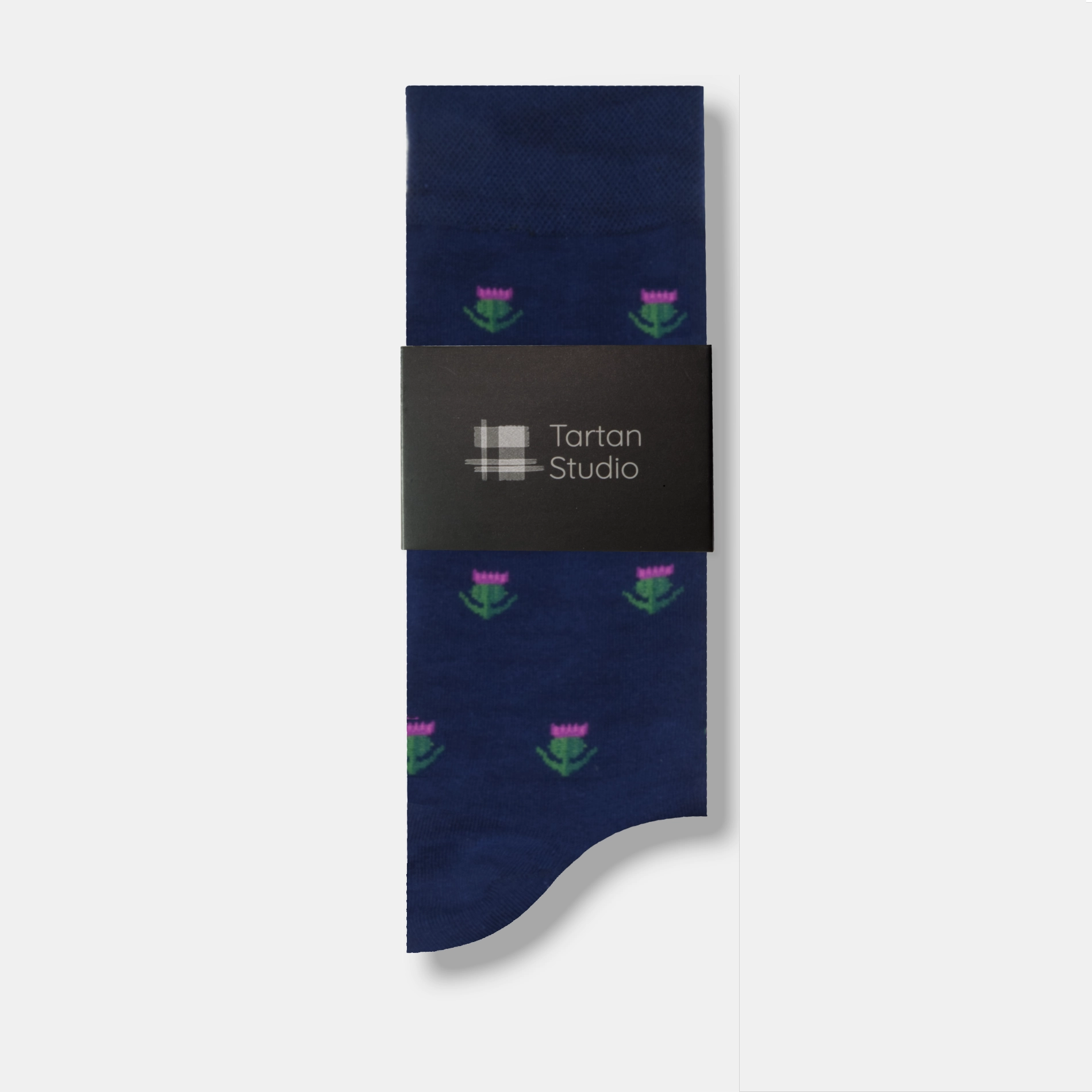 Scottish Thistle blue socks with tartan studio label